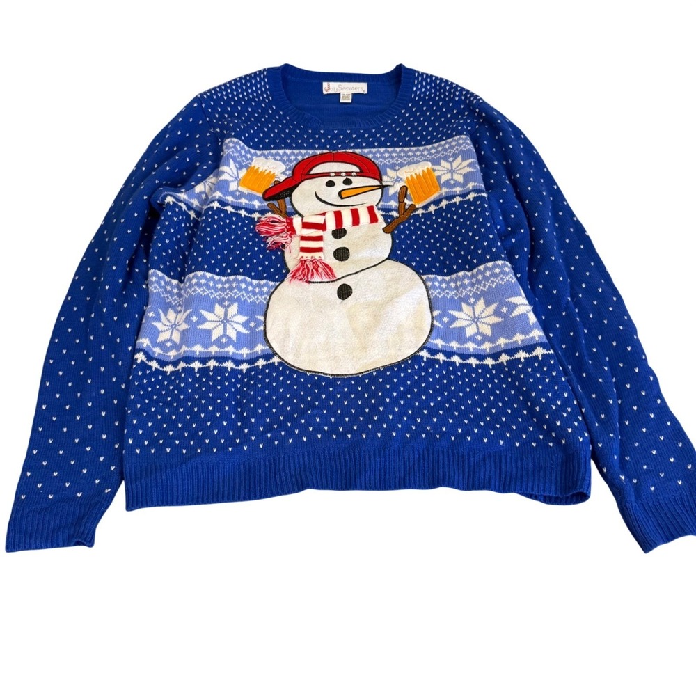 Jolly Sweaters Mens XXL Blue Snowman Beer Ugly Christmas Sweater Holiday Knit